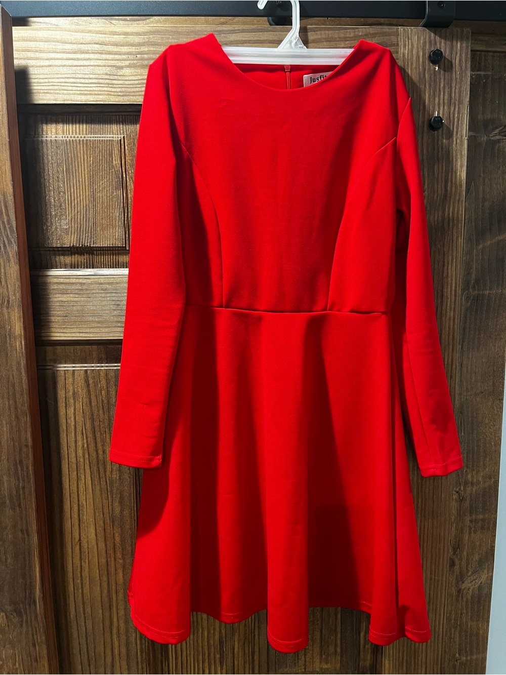 Classic Red Long-Sleeve Fit & Flare Dress by Jusfitsu